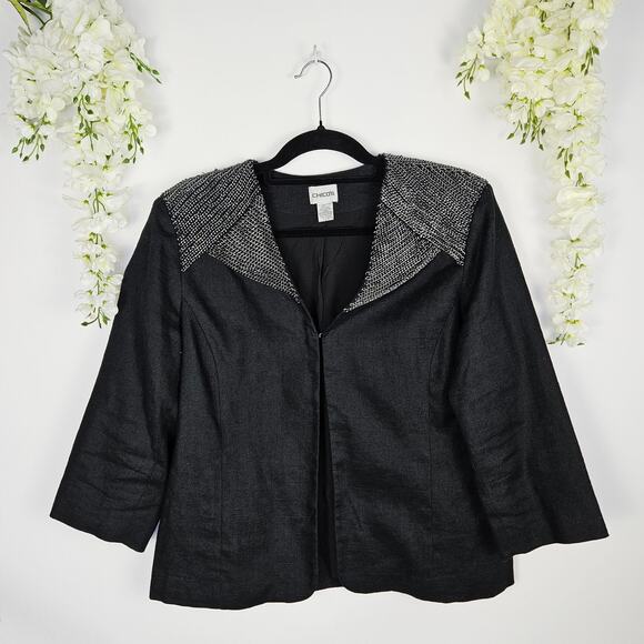Chico's Jackets & Blazers - Chicos Black Linen Blend Blazer Sz 2 Large Silver Chain Collar Edgy Chic Office